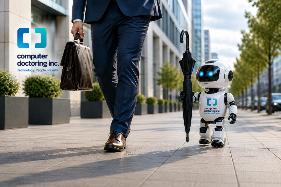 Businessman walking beside a friendly robot on a city street